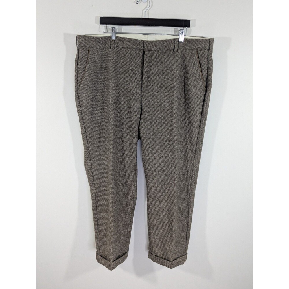 Vintage Orvis 100% Wool Dress Pants Size 42 Tweed Brown Suede Trim Pockets